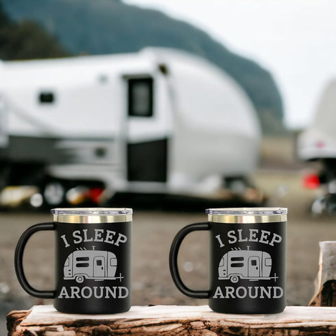 I Sleep Around Customized Insulated Stainless Steel Coffee Mugs, Personalized Camper Tumbler (12oz, Black)