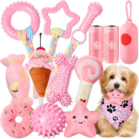 14 Pack Puppy Teething Toys - Chew Toys for Small Dogs - Pink Dog Stuff with Soft Rubber Balls and Colorful Ropes