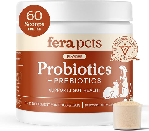 Fera Pets Probiotics for Dogs & Cats, USDA Organic Gut Health Powder Supplement with 12 Strains, 60 Scoops