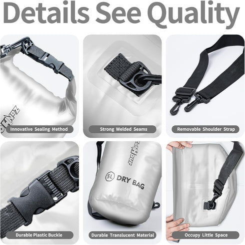Waterproof Dry Bag - Roll Top Transparent Storage Bag 2L/5L/10L/20L for Traveling, Swimming, Kayaking