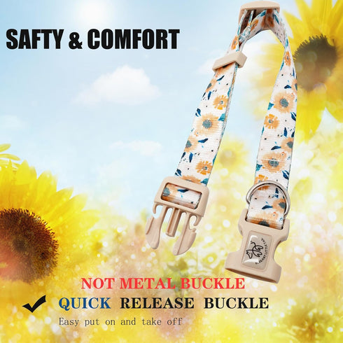 Elegant little tail Dog Collar with Leash, Sunflower Print Adjustable Collar for Small Medium Large Dogs, Soft Puppy