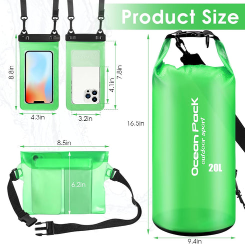 Set of 3 Waterproof Dry Bags, 20L Lightweight Dry Sack with Waist Pouch & Phone Case