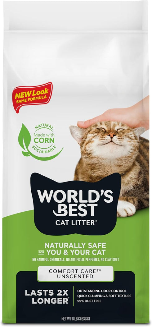WORLD'S BEST CAT LITTER Comfort Care, Unscented, 8-Pounds, Quick Clumping, Flushable, 99% Dust Free