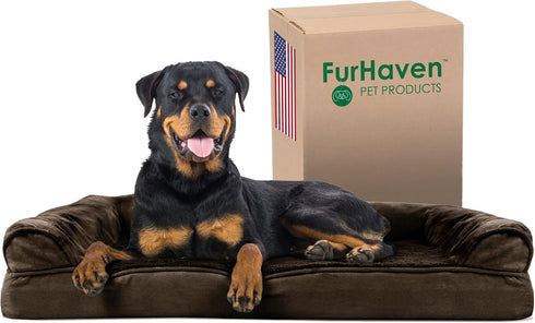 Furhaven Orthopedic Dog Bed for Large Dogs, Removable Bolsters, Washable Cover, Plush Suede Sofa, Espresso, Jumbo/XL