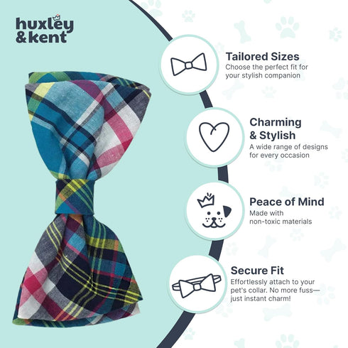 Huxley & Kent Pet Bow Tie for Dogs & Cats, Adjustable Collar Accessory, Blue Madras, Small