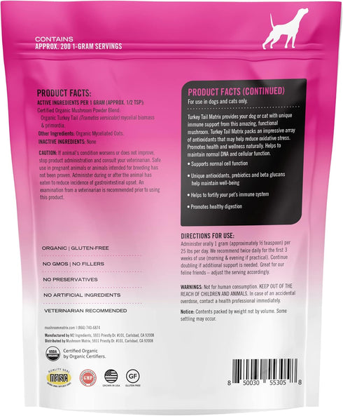 Om Mushroom Matrix Pet Supplement - Canine Turkey Tail, USA Grown Organic Mushroom Powder for Dogs & Cats, 200 Grams