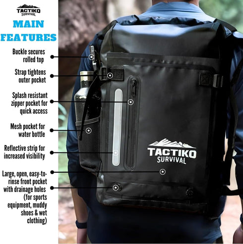 TACTIKO 30L Heavy-Duty 100% Waterproof Backpack - Marine Roll Top Floating Dry Bags for Hiking, Jet Black