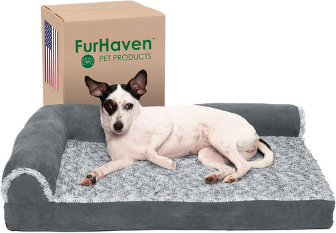 Furhaven Memory Foam Dog Bed for Medium/Small Dogs, Removable Bolsters & Washable Cover, Stone Gray, Medium