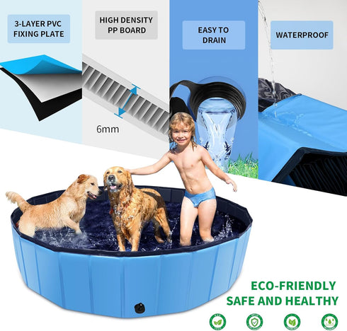 CACSPS 55" 12" Swimming Foldable Dog Pool, x Kiddie Pool with Hard Plastic, Non-Slip Dog Bath Tub for Outdoor Backyard