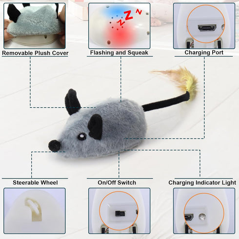 BABORUI Interactive Dog Toys Mouse, Escaping Squeaky Toys with Lights & Auto-Turn, Rechargeable