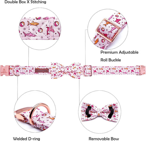 Lionheart Glory Shark Print Dog Bow Collar, Adjustable Pink Summer Spring Collar with Bowtie for Large Dogs