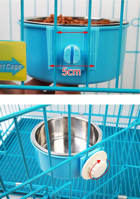 RUBYHOME 2-in-1 Dog Bowl & Feeder - Blue Plastic & Stainless Steel Hanging Food Basin for Crates & Cages