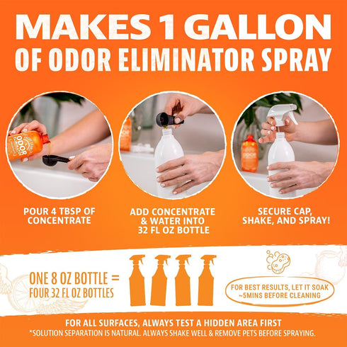 8 oz. (4) 32oz. 1 Angry Orange Pet Odor Eliminator bottle- Industrial Strength Pet Odor Remover - Makes Bottles
