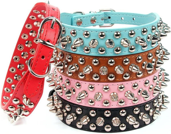 Mushrooms Spiked Rivet Studded Adjustable PU Leather Pet Collars for Dogs and Cats (Medium, Red)