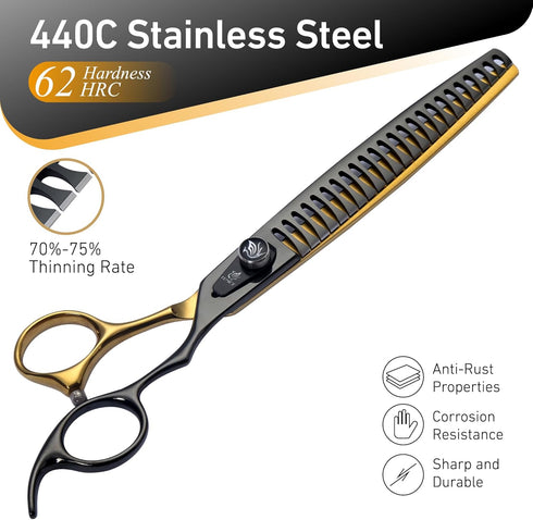 Fenice Peak 7'' Black Dog Grooming Scissors - Golden Chunker Blending Shears with Ergonomic Offset Handle