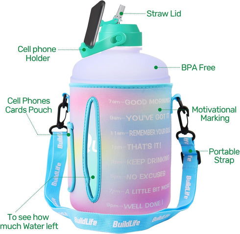 QuiFit 1 Gallon Water Bottle with Straw & Motivational Time Marker, Leak-Proof BPA Free Reusable Jug (Purple/Green)