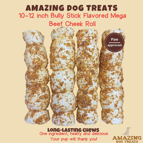 Amazing Dog Treats - Beef Cheek Rolls Mega Thick (Bully Dust Flavor, 10" - 6 Count) - Safe Rawhide Alternative