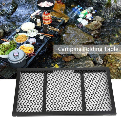 Portable Outdoor Folding Table, Camping Table with Aluminum Top & Mesh Layer, Light Metal Grill for BBQ