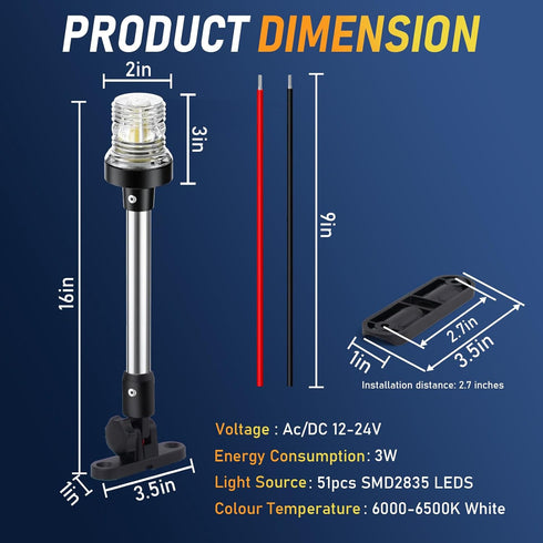 16 Inches 3NM (12-24V) Pontoon Boat Stern Light for Bimini Top, LED Anchor Light Waterproof, White Fold Down Rear