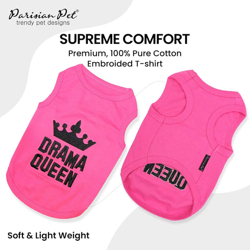 Parisian Pet Dog T-shirt - Embroidered “Drama Queen” - Lightweight Pink Sleeveless Tee for Small Dogs