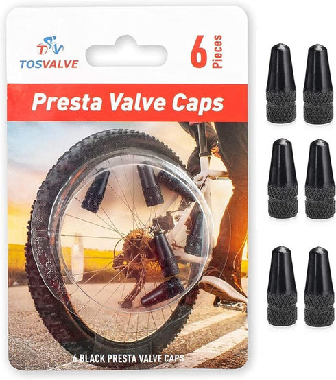 Presta Valve Cap Set of 6, Anodized Aluminum Alloy Tire Air Valve Caps for Cycling, Black