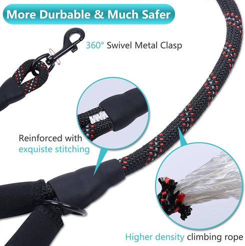 VIVAGLORY 5ft Strong Rope Dog Leash, Thick Neoprene Padded Handle, Durable Reflective for Medium Large Dogs