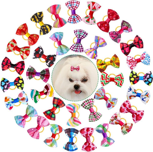 100pcs Handmade Yorkie Dog Hair Grooming Bows, 1.37x0.98 inch, Mix Puppy Dog Bowknot for Small Dogs Cats