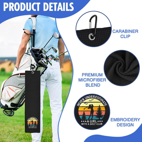 Hafhue Never Underestimate Embroidered Golf Towel - Gift for Women Golf Fans, Retirement Birthday