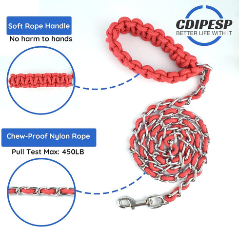 Chew Proof Chain Dog Leash 5.5ft Heavy Duty Metal Pet Lead with Soft Rope Handle for Medium Large Dogs