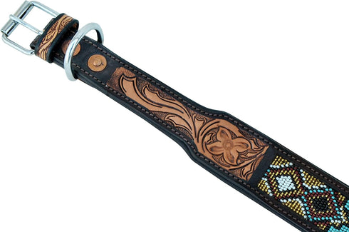 Western Style Genuine Leather Beaded Dog Collar Hand Tooled and Padded 10AB018