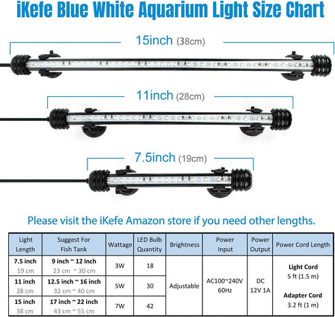 iKefe 7.5" White & Blue Submersible LED Aquarium Light with Timer, Dimmable Fixture for Fish and Plants