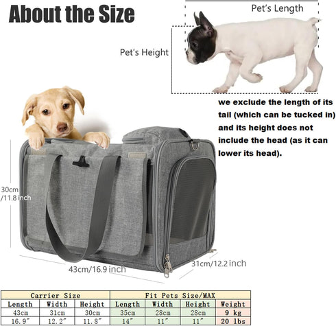 HSC PET Grey Cat Carriers Soft Small Dogs Carrier Airline Approved,Soft-Sided Pets Carrier with Large Pockets,Active