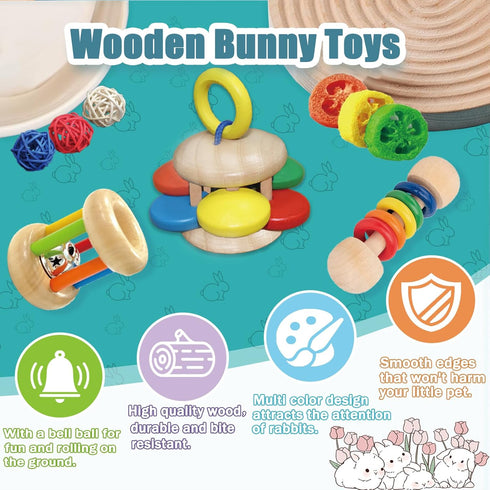 QWR 9PCS Chinchillas, Wooden Bunny Toys,Safe Rabbit & Guinea Pigs Teeth Grinding Toy for Hamsters & Small Animals