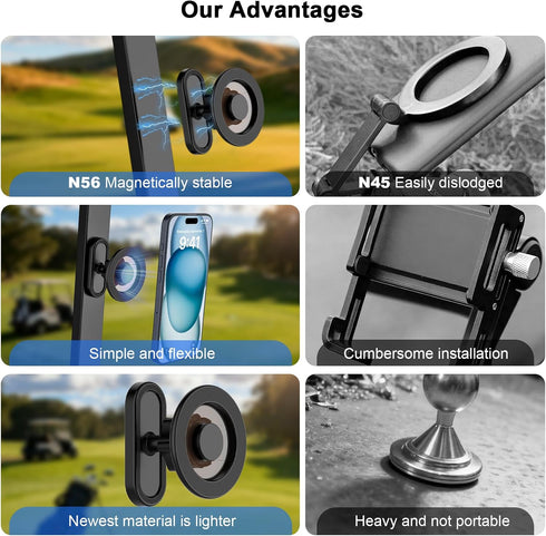 LOERUMG N56 17/16/15/14/13 Magnetic Golf Cart Phone Holder, Compatible with MagSafe iPhone Pro/Max/Plus & Android, Fits