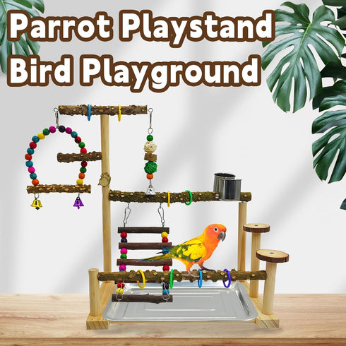 kathson Parrot Play Stand Parakeet Playground Bird Jungle Gym Wood Conure Playstand Hanging Chewing Toys with Swings