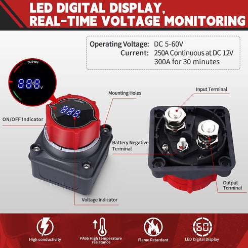 5-60V AWBLIN Upgrade Battery Disconnect Switch with Voltmeter, DC Master Isolator Cut/Shut Off Switch for Marine Boat