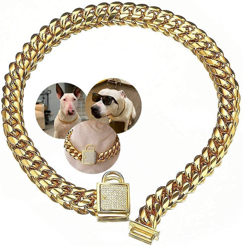 Gold Dog Chain Collar - Stainless Steel with Zirconia Lock, Heavy Duty Cuban Chain for Small Medium Large Dogs (14mm