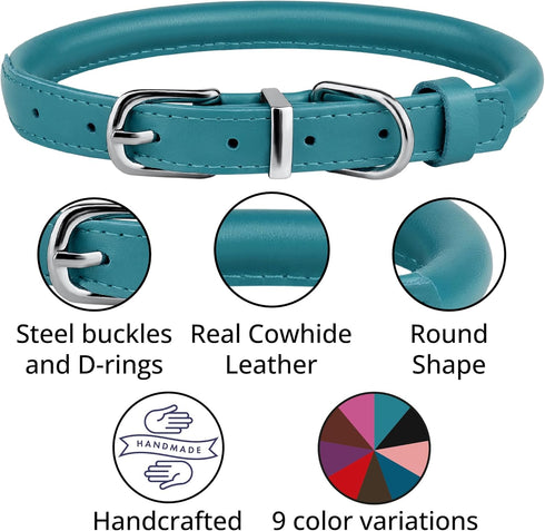 BRONZEDOG Rolled Leather Dog Collar for Small Medium Large Dogs with QR ID Tag (M: 14-16 Inch, Teal)