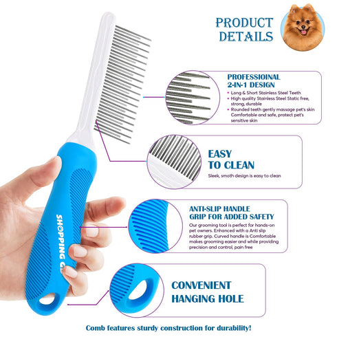 Detangling Pet Grooming Comb for Dogs & Cats, Stainless Steel Metal Teeth for Removing Tangles and Knots