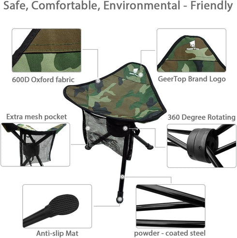 GEERTOP Portable Camping Folding Stool Seat - Swivel Tripod Chair for Outdoor Gear