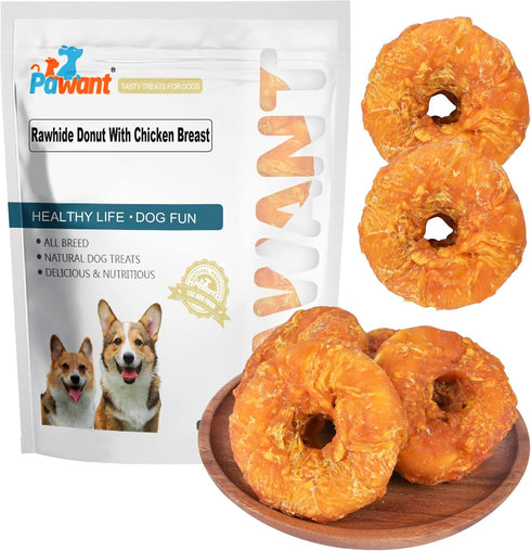 Dog Treats, Long Lasting for Large Dogs, Clean Teeth, Chicken Wrapped Rawhide Donuts, 0.5lb