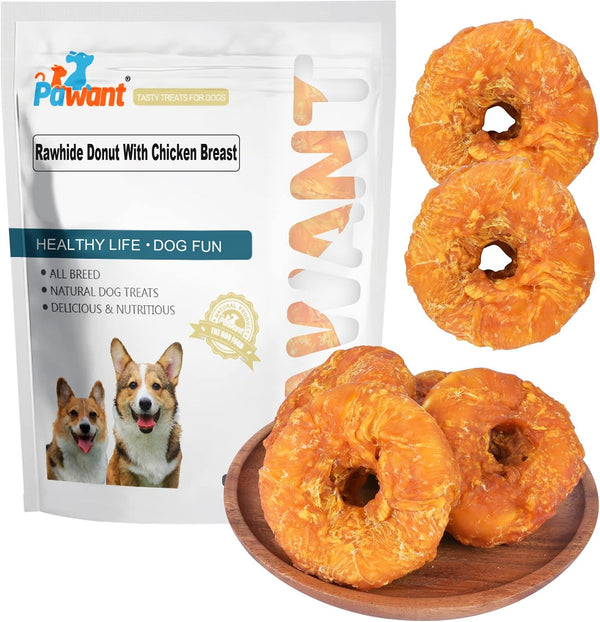 Dog Treats, Long Lasting for Large Dogs, Clean Teeth, Chicken Wrapped Rawhide Donuts, 0.5lb