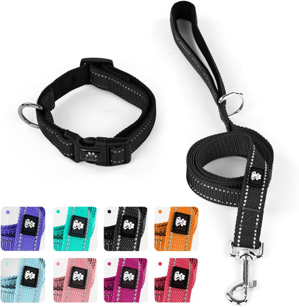 IVY&LANE Reflective Dog Collar and Leash Set - Adjustable Neoprene Padded Collars for Puppy, 5FT Nylon Leash (Medium,