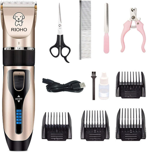 Dog Grooming Kit Clippers, Low Noise Electric Quiet Rechargeable Cordless Trimmers for Dogs, Cats, and Other Pets