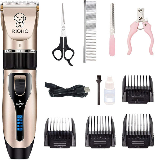 Dog Grooming Kit Clippers, Low Noise Electric Quiet Rechargeable Cordless Trimmers for Dogs, Cats, and Other Pets
