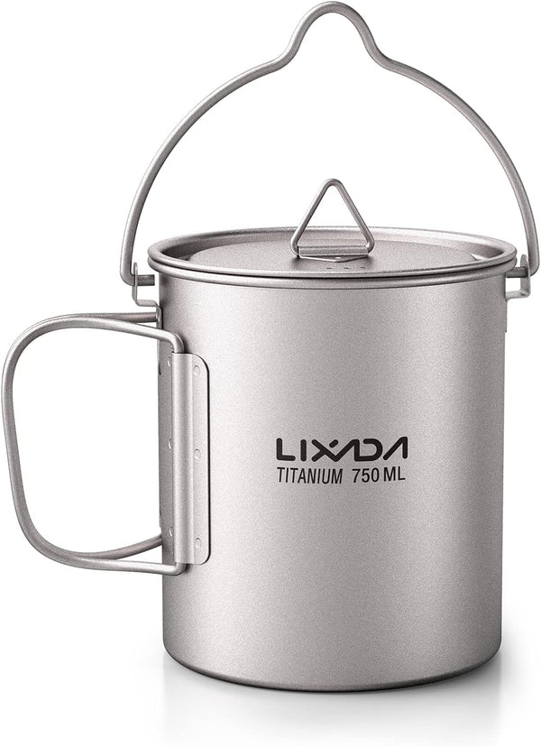Titanium Cup, Ultralight 750ml Portable Water Mug with Lid and Foldable Handle for Outdoor Camping Cooking Picnic