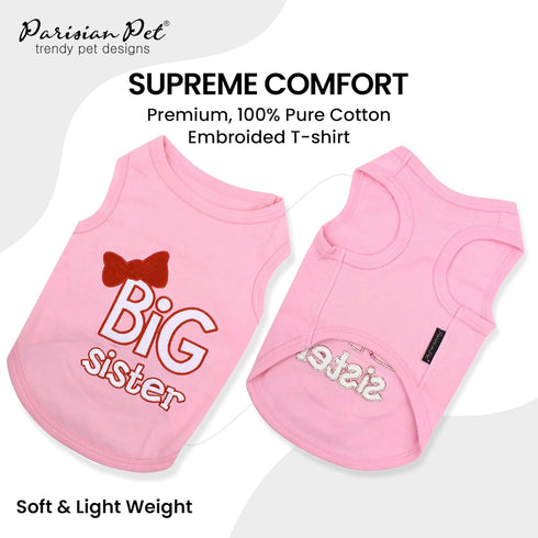 Parisian Pet Dog T-Shirt with Embroidered 'Big Sister', Breathable, Sleeveless Pet Vest, Machine Washable Pink Dog