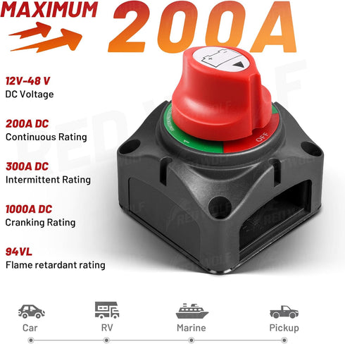 1-2-Both-Off 12V-48V 200A, w/M8 RED WOLF Battery Switch DC Heavy Duty Marine Battery Power Cut Master Switch Disconnect