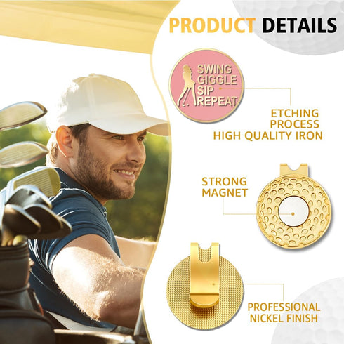 Swing Giggle Sip Repeat Pink Gold Golf Ball Marker with Hat Clip, Funny Accessories for Women Golfers