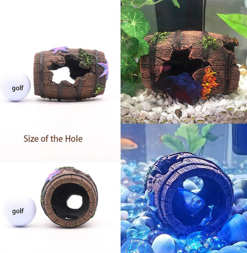 Small Broken Barrel Aquarium Decorations, 1 Piece Betta Cave Hideaway Tunnel Log for Fish Tank